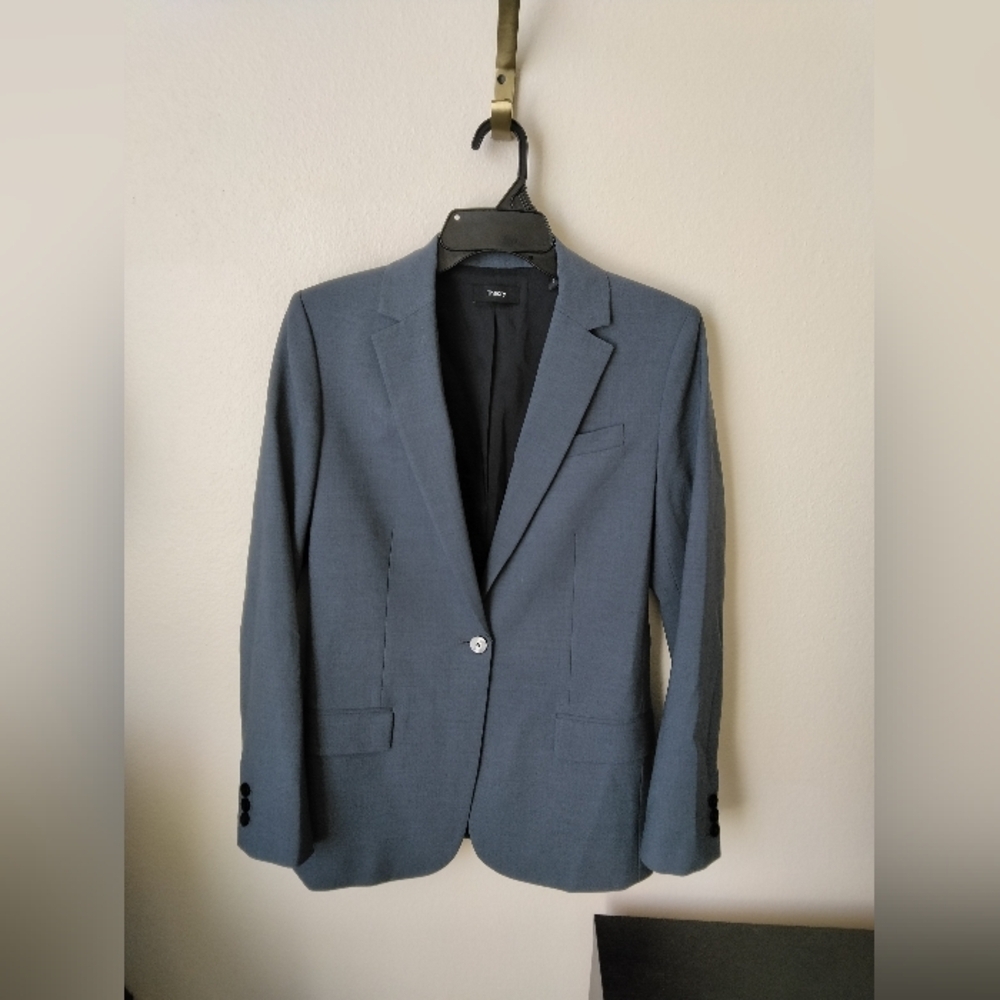 Theory Women's Blazer Size 4 Staple Virgin Wool Blue Grey Minimal Business